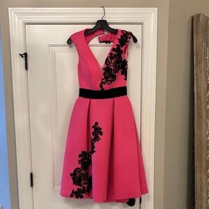 Jovani Pink Midi Dress with Black Floral Design